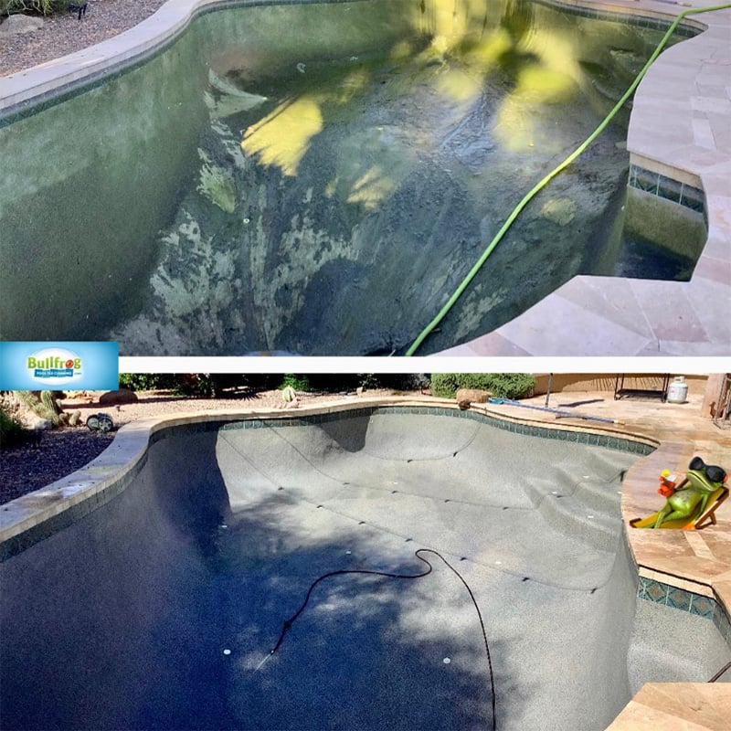 Drained swimming pool, before and after
