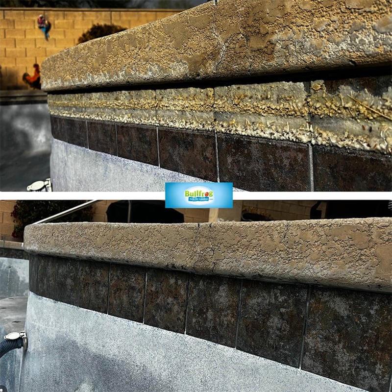 Before and after comparison of calcium scale removal from swimming pool