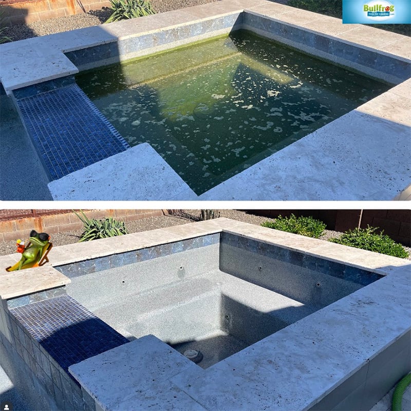 Pool spa draining and cleaning service, before and after results