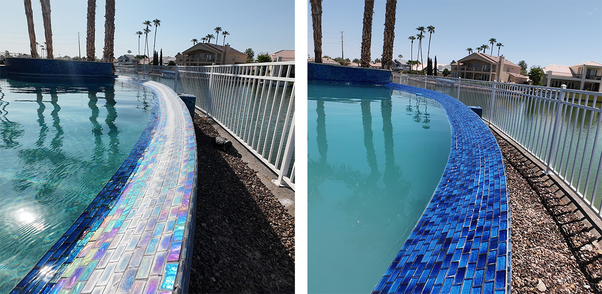 Before and after comparison of discolored pool tiles being cleaned